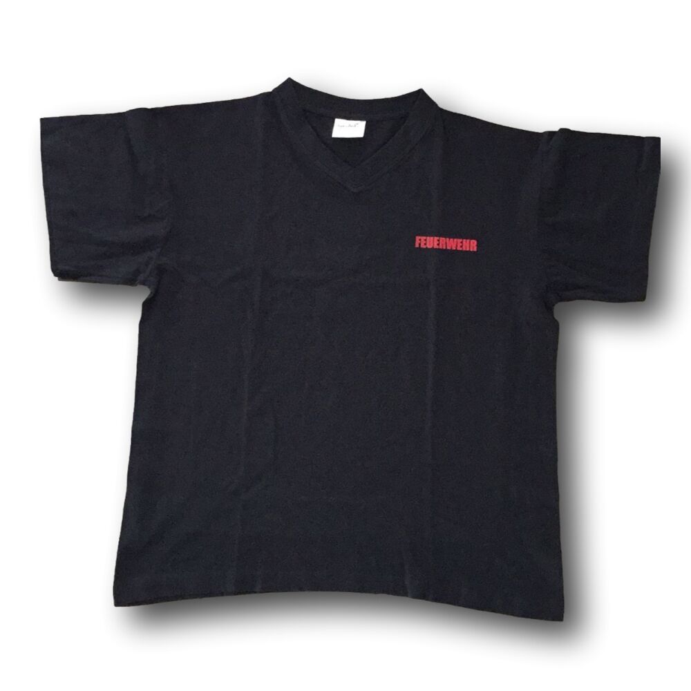T-Shirt V-Ausschnitt schwarz Aufdruck FEUERWEHR 