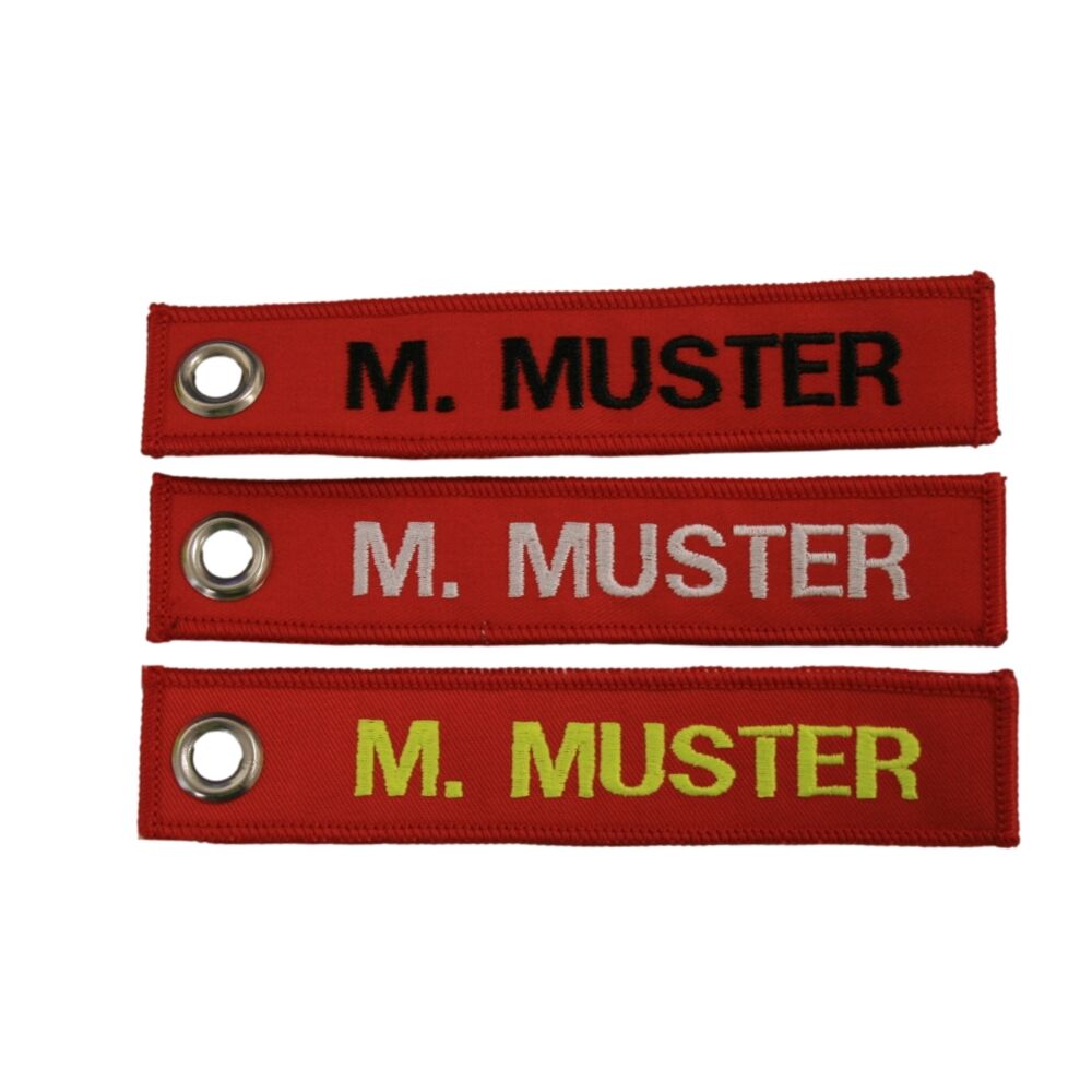 Schlüsselanhänger rot bestickt mit Wunschtext 